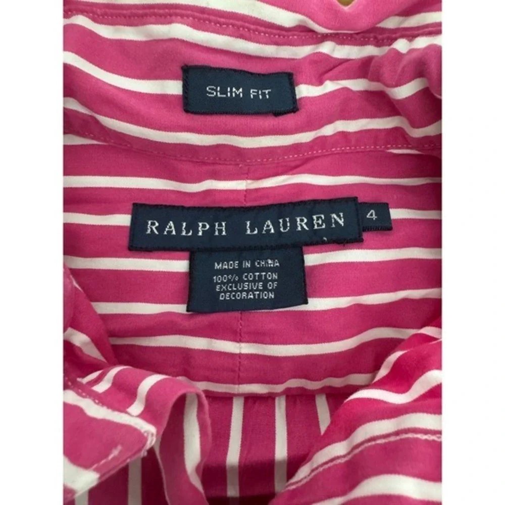 Ralph Lauren Kids Pink White Stripe‎ Slim Fit Button Down Shirt Size 4